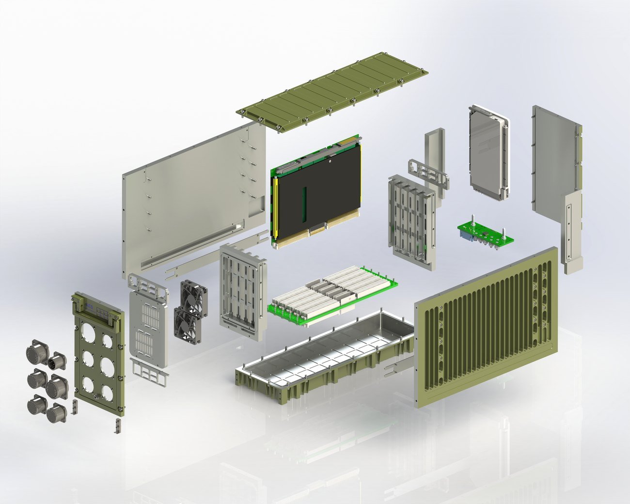 Exploded engineering view of AES rugged ATR chassis